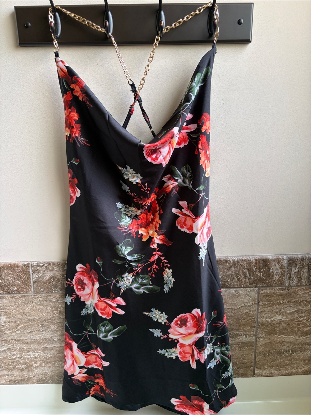 Guess Black Slip Dress with Pink & Red Floral Print
